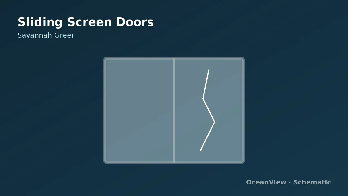 A mesh screen panel with separate upper-guide and lower-hardware callouts.