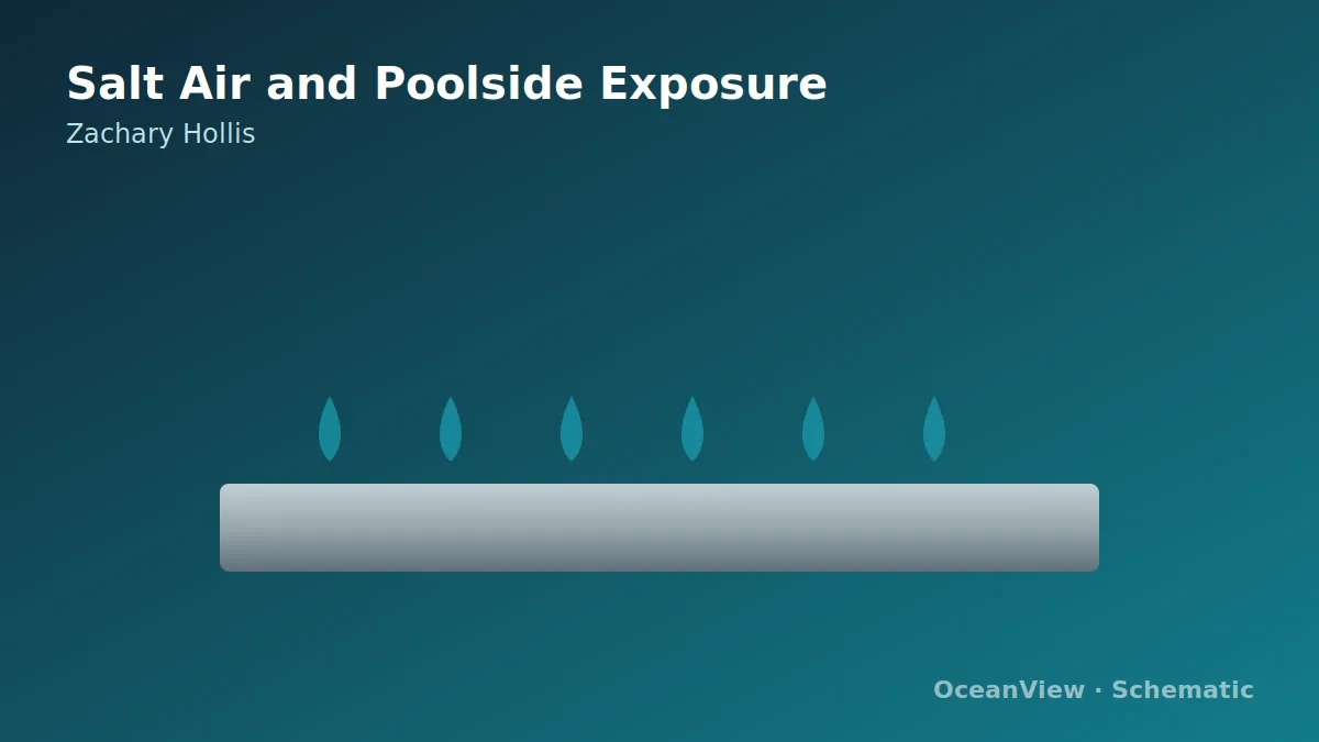 A coastal wave and poolside scene beside a hardware-care symbol.