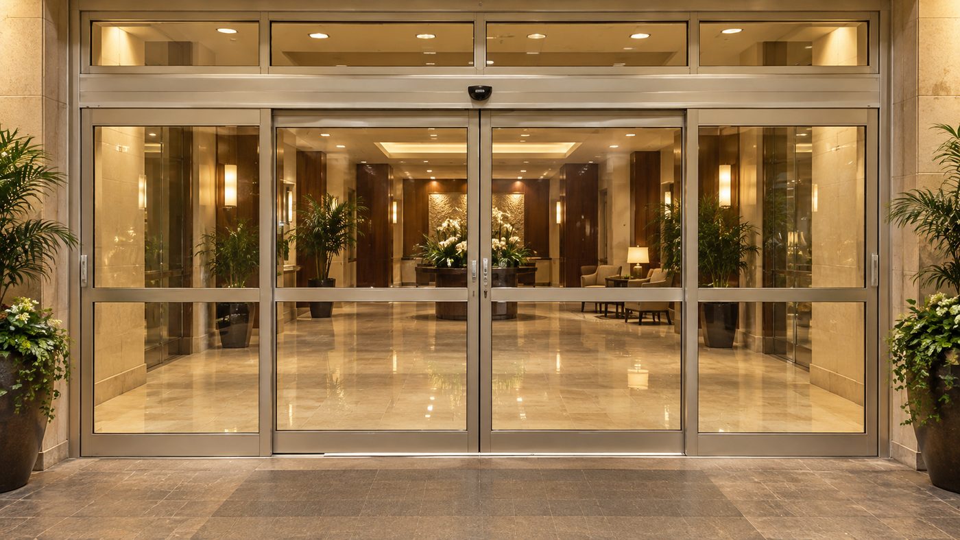 An automatic commercial sliding entrance