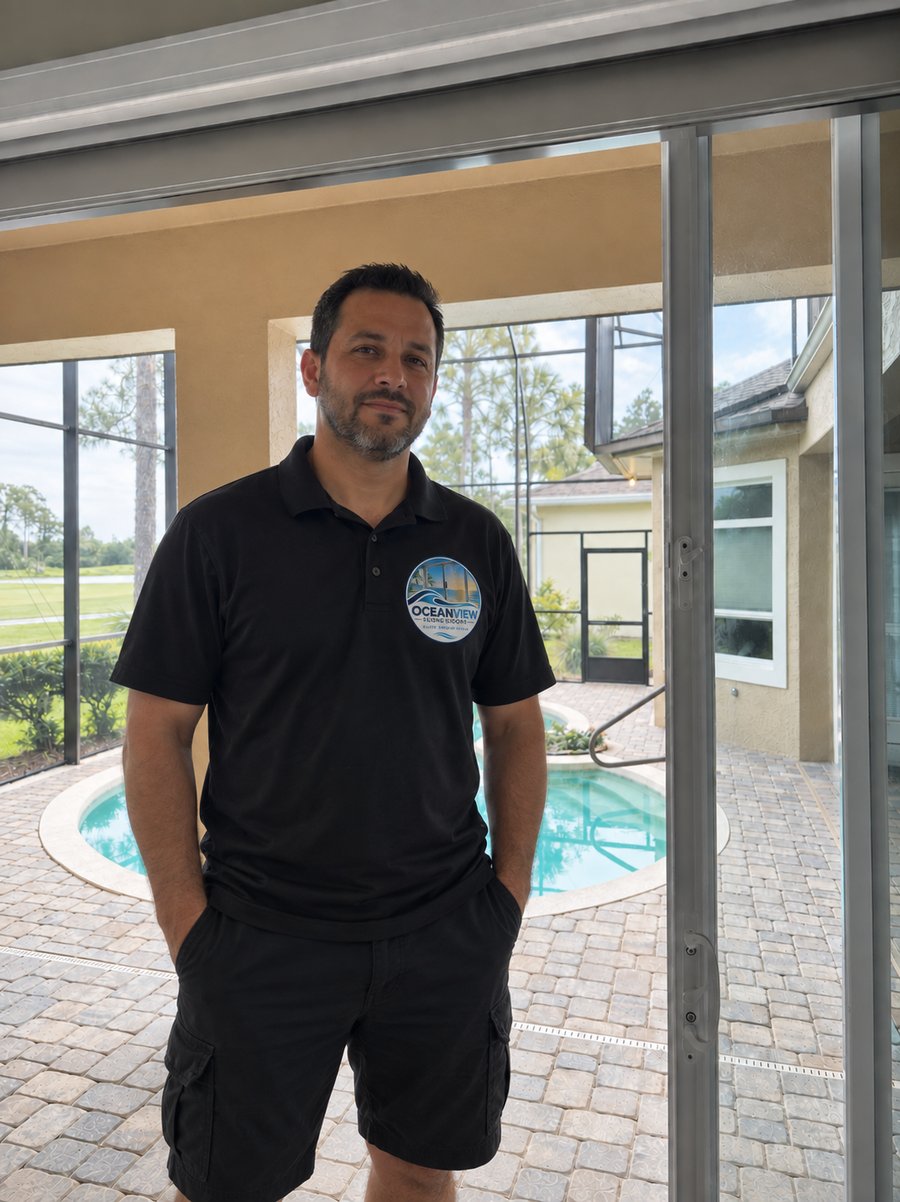 Owner of OceanView Sliding Doors standing beside a sliding glass patio door.