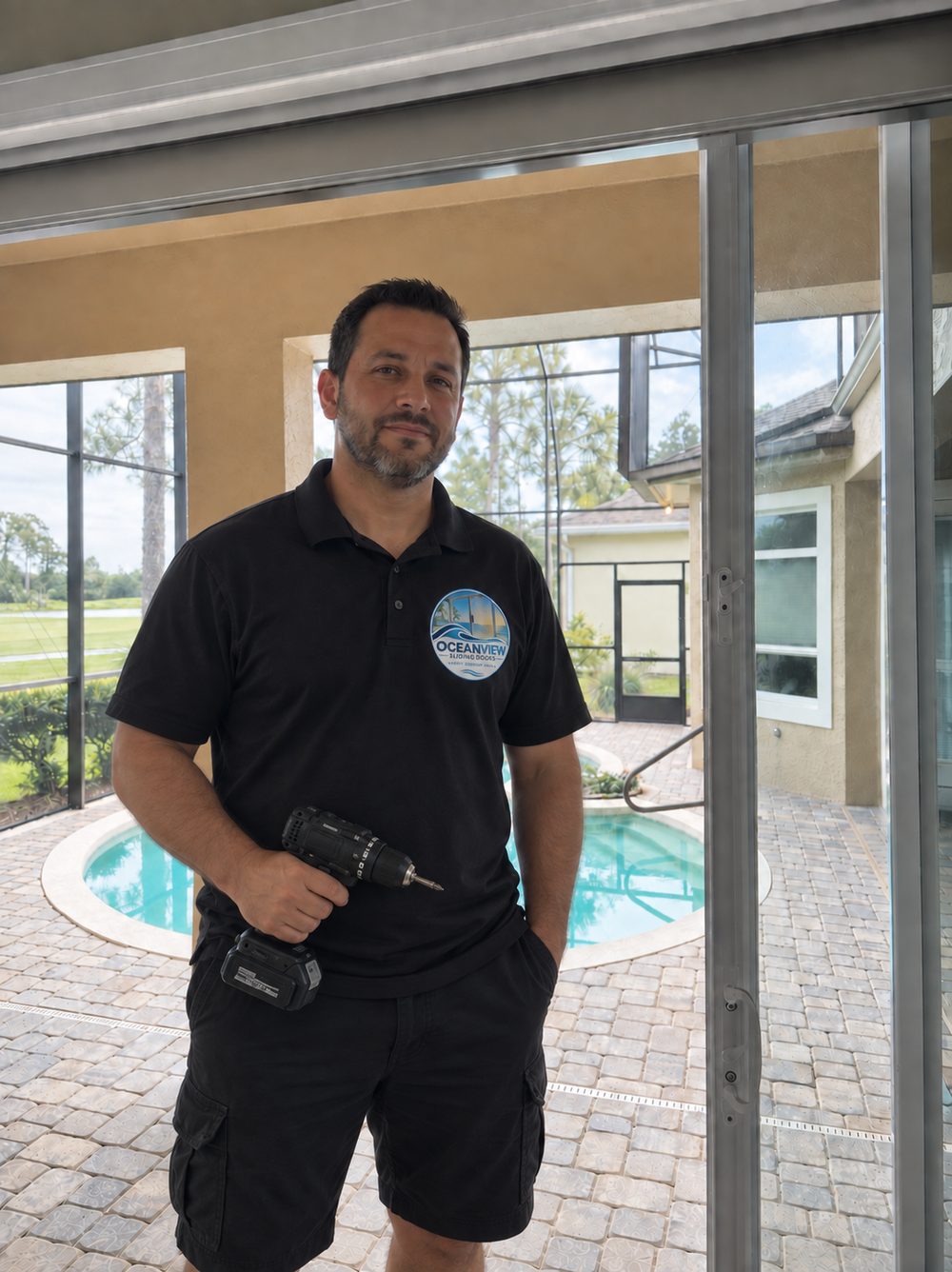 OceanView Sliding Doors technician with a drill in front of a sliding glass door