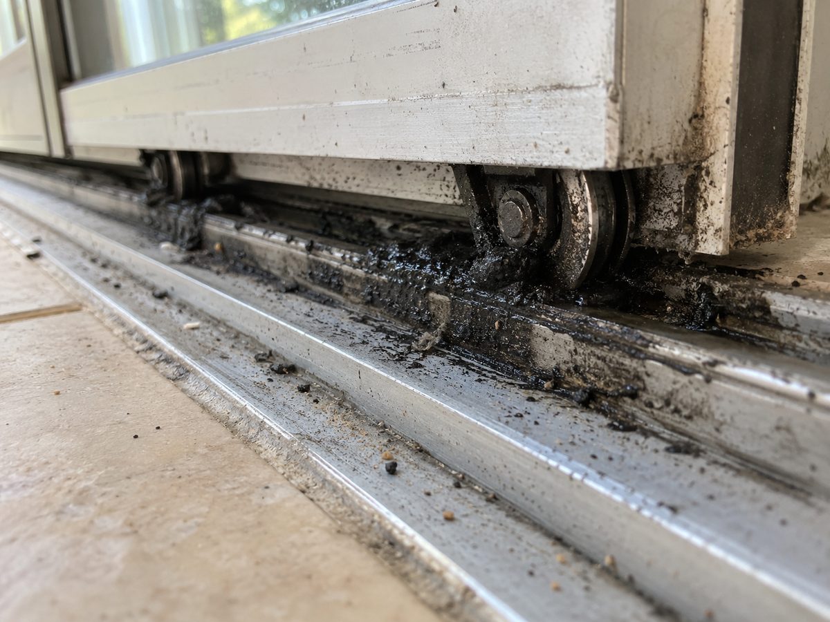 A dirty sliding track and roller needing service